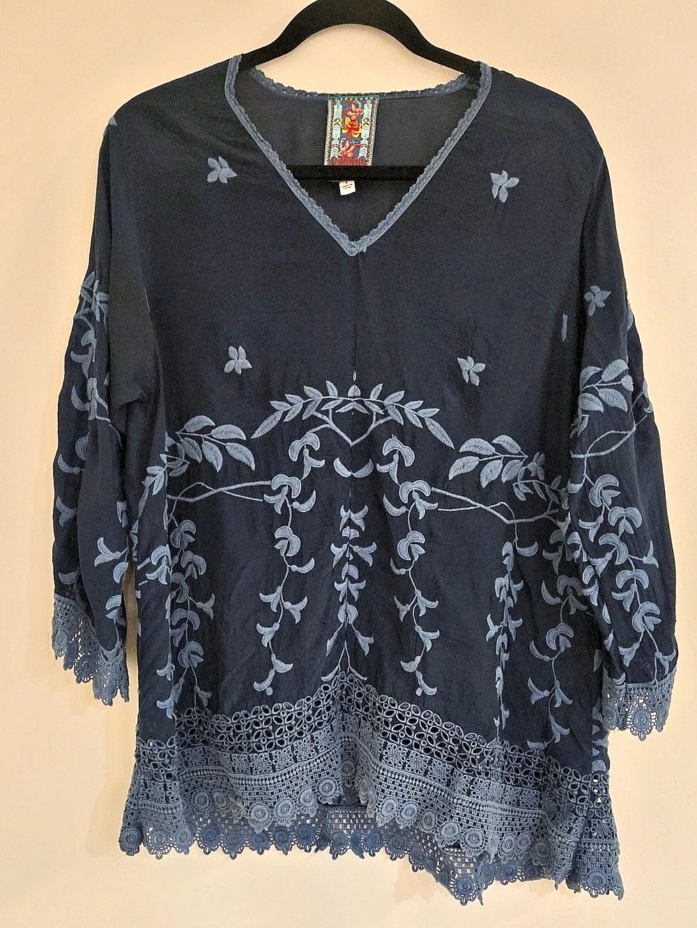 Johnny Was Floral Lace Hem Tunic Black Size Small